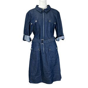 SHARAGANO Belted Stretch Roll Tab Sleeves Denim Shirt Dress Women’s Size 14